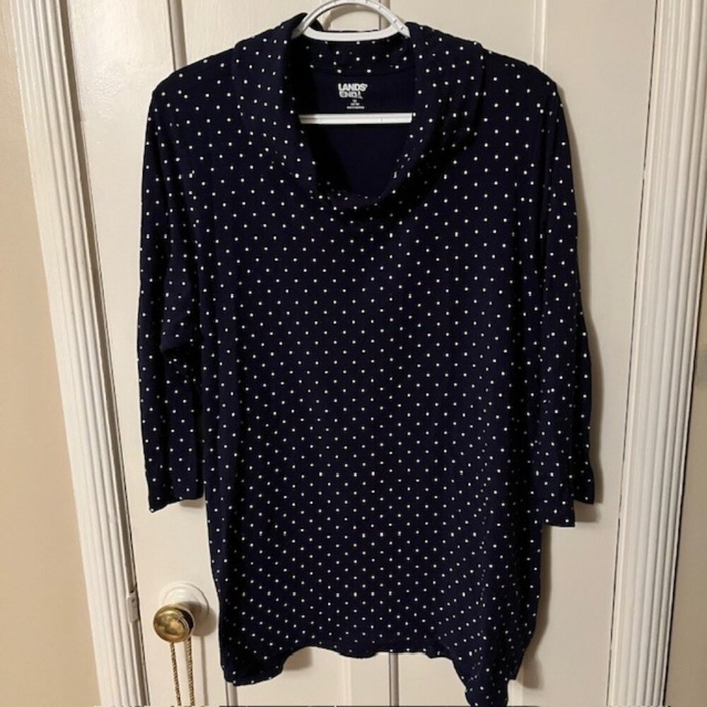 LANDS' END NAVY BLUE POLKA DOT COWL NECK TOP; 3/4 SLEEVES; 1X; CUTE!